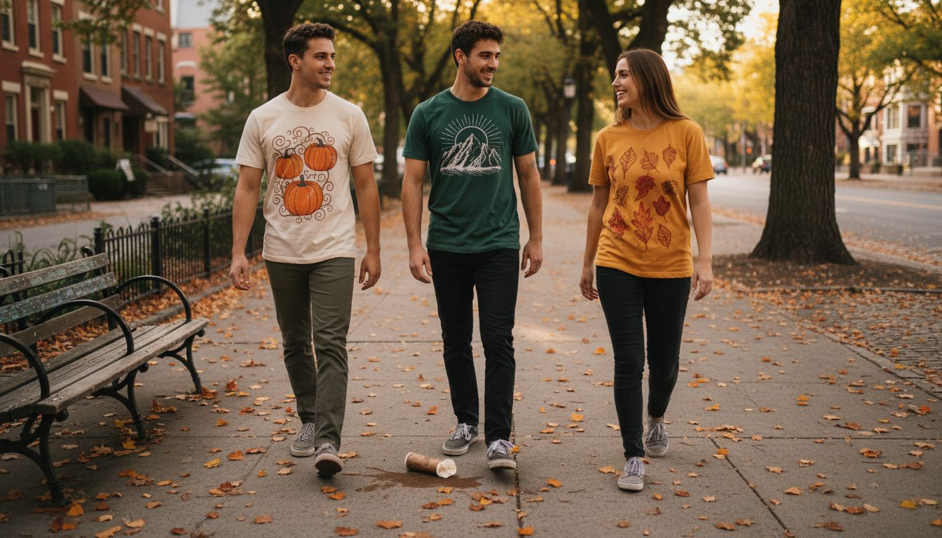 Friends wearing autumn graphic tees on sidewalk