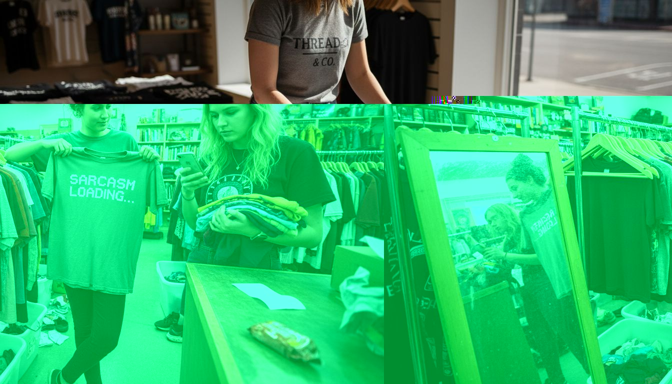 Friends shopping for funny t-shirts in thrift store