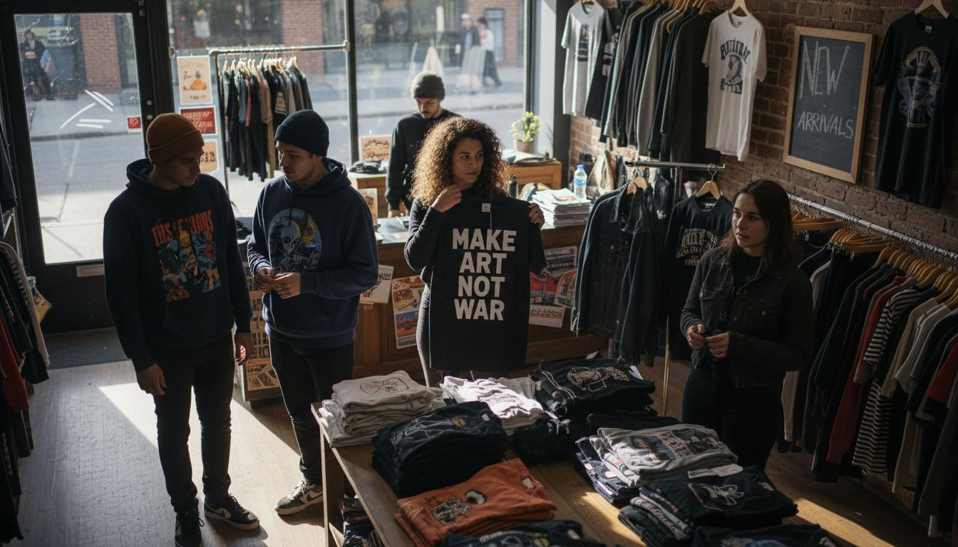 Shoppers browsing graphic apparel in boutique
