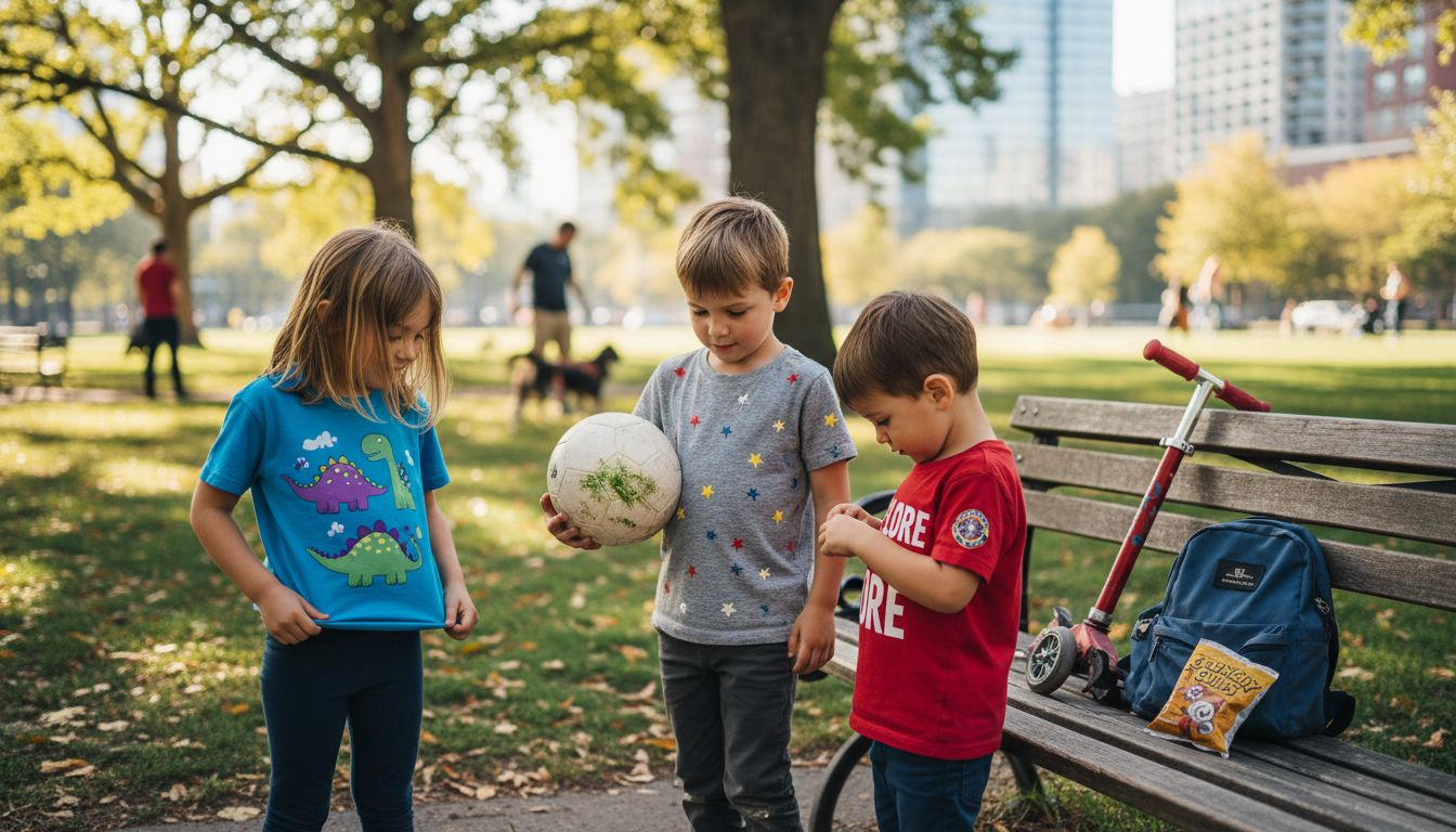 Children wearing colorful graphic tees in park