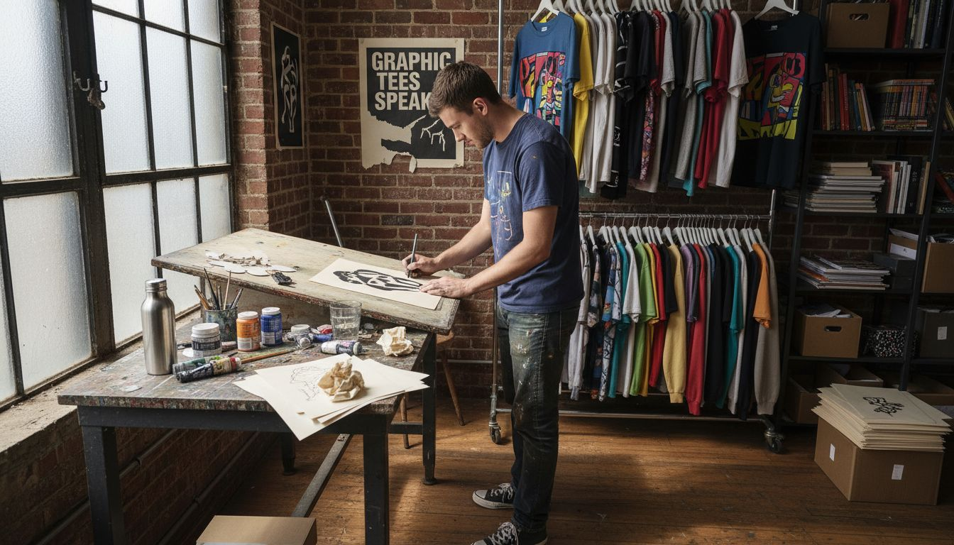 Designer creating t-shirt graphic in studio