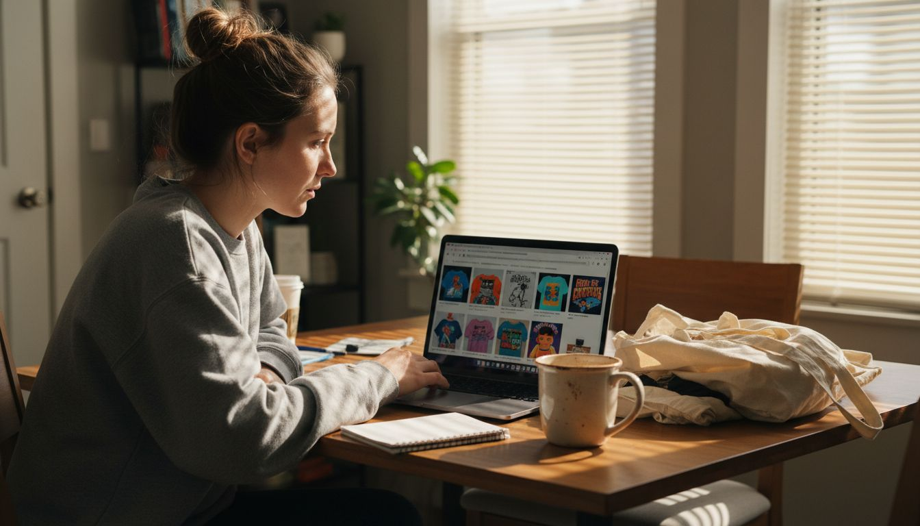 Woman shopping trendy apparel online at home