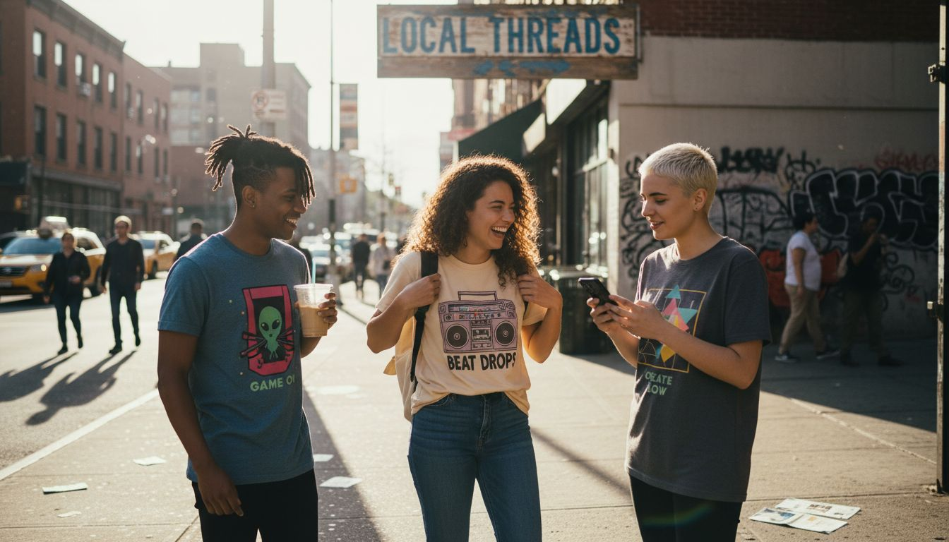 Young adults wearing graphic tees on city street