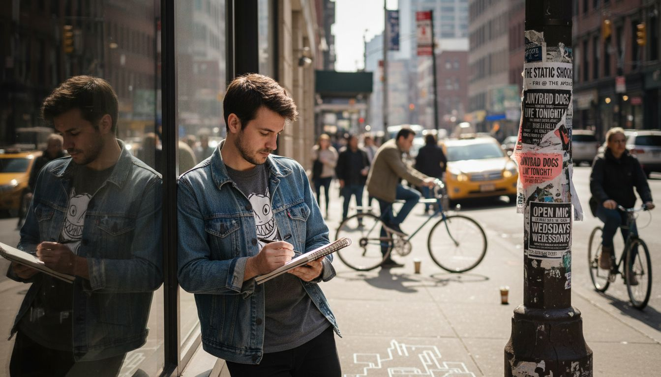 Artist wearing and sketching t-shirt design on sidewalk