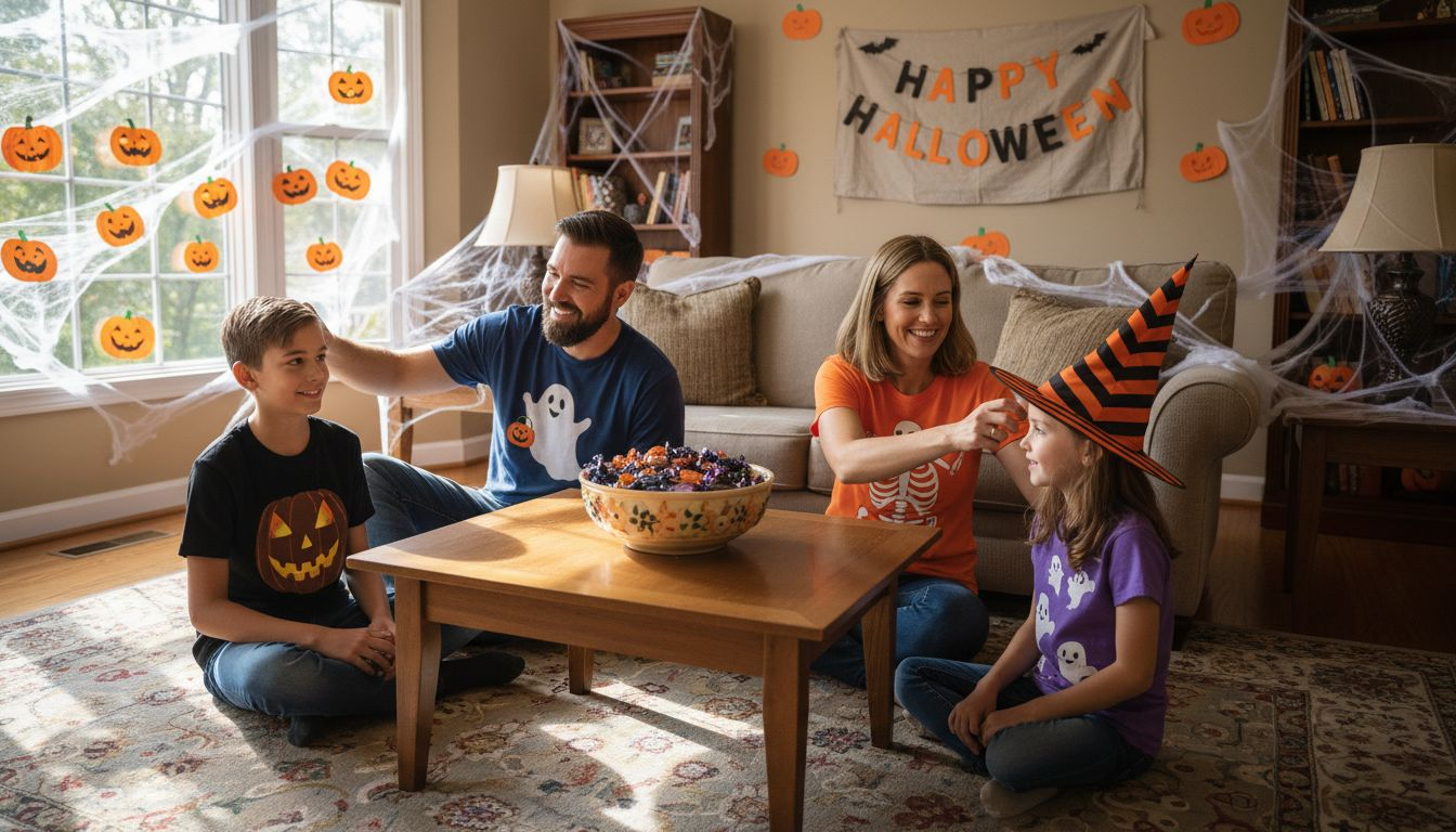 Family wearing Halloween shirts at home