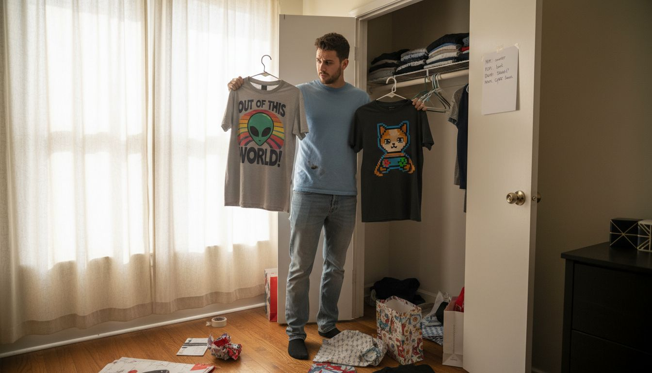 Man choosing graphic tee gift in closet