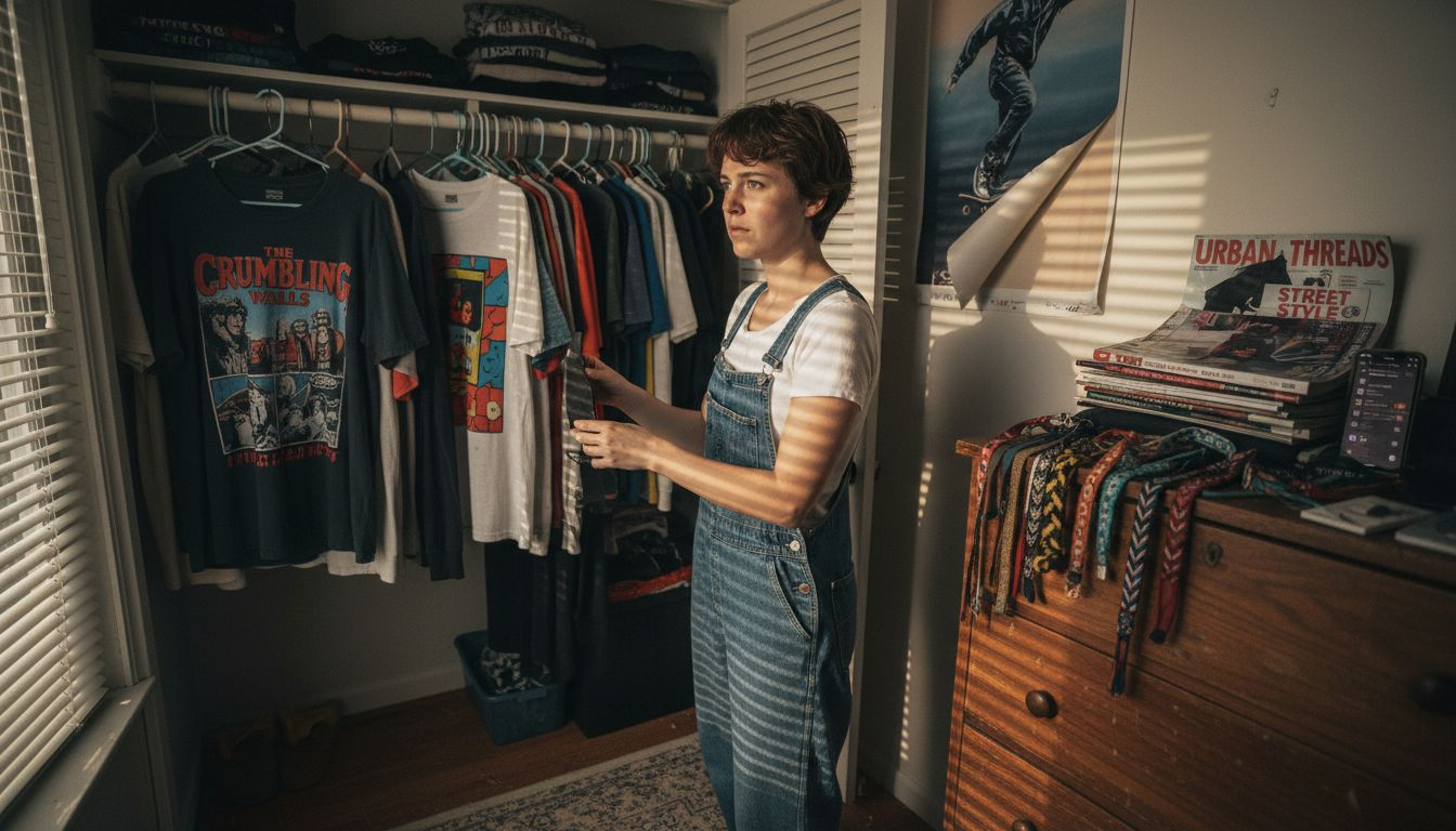 Person sorting graphic tees in cluttered bedroom