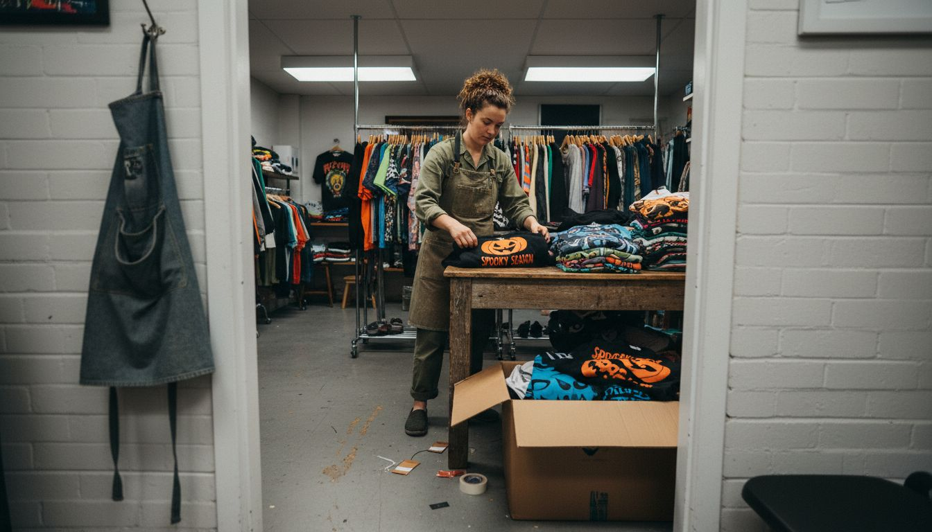 Boutique folding themed graphic hoodies workspace