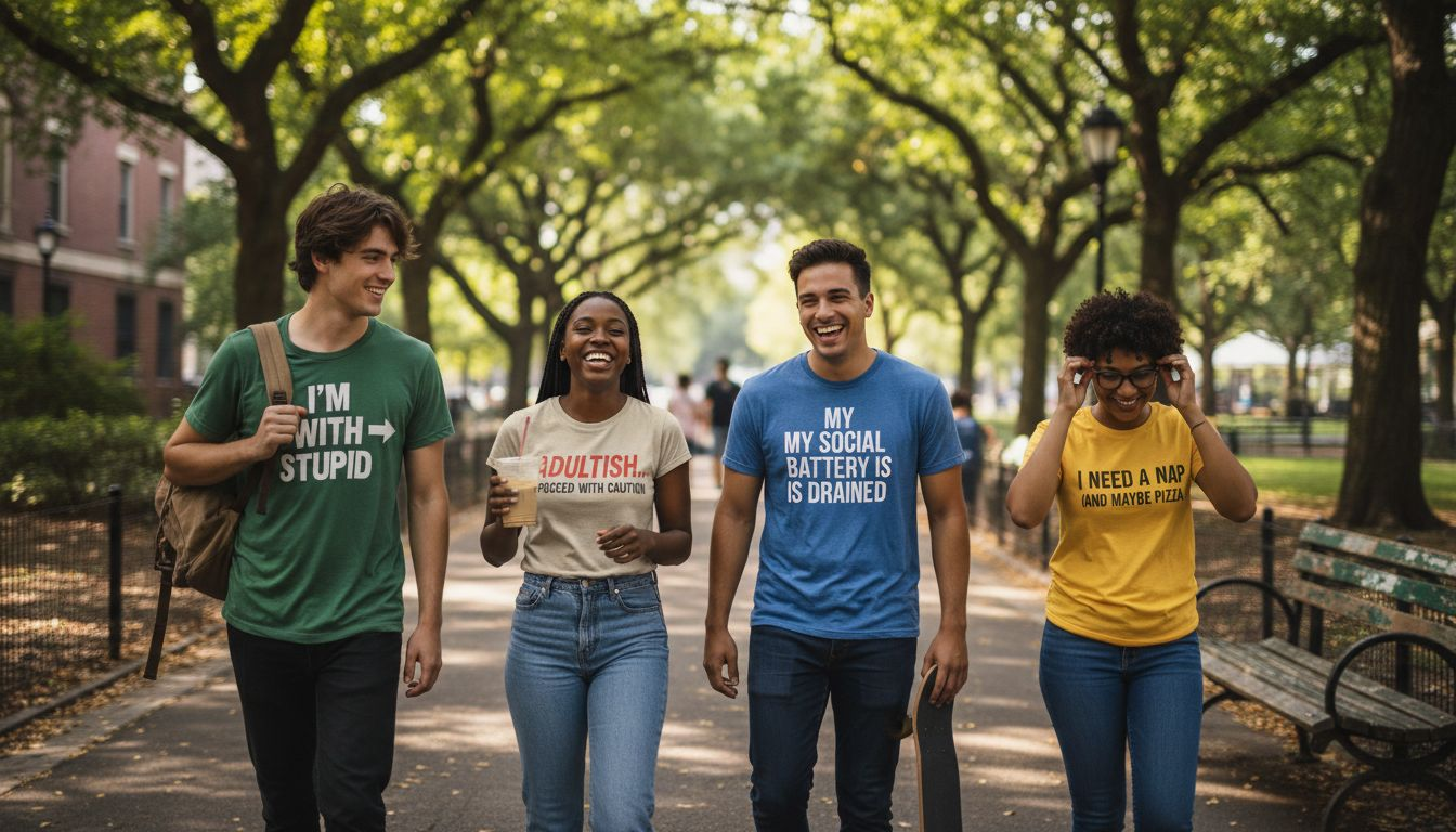Young adults wearing funny T-shirts in park