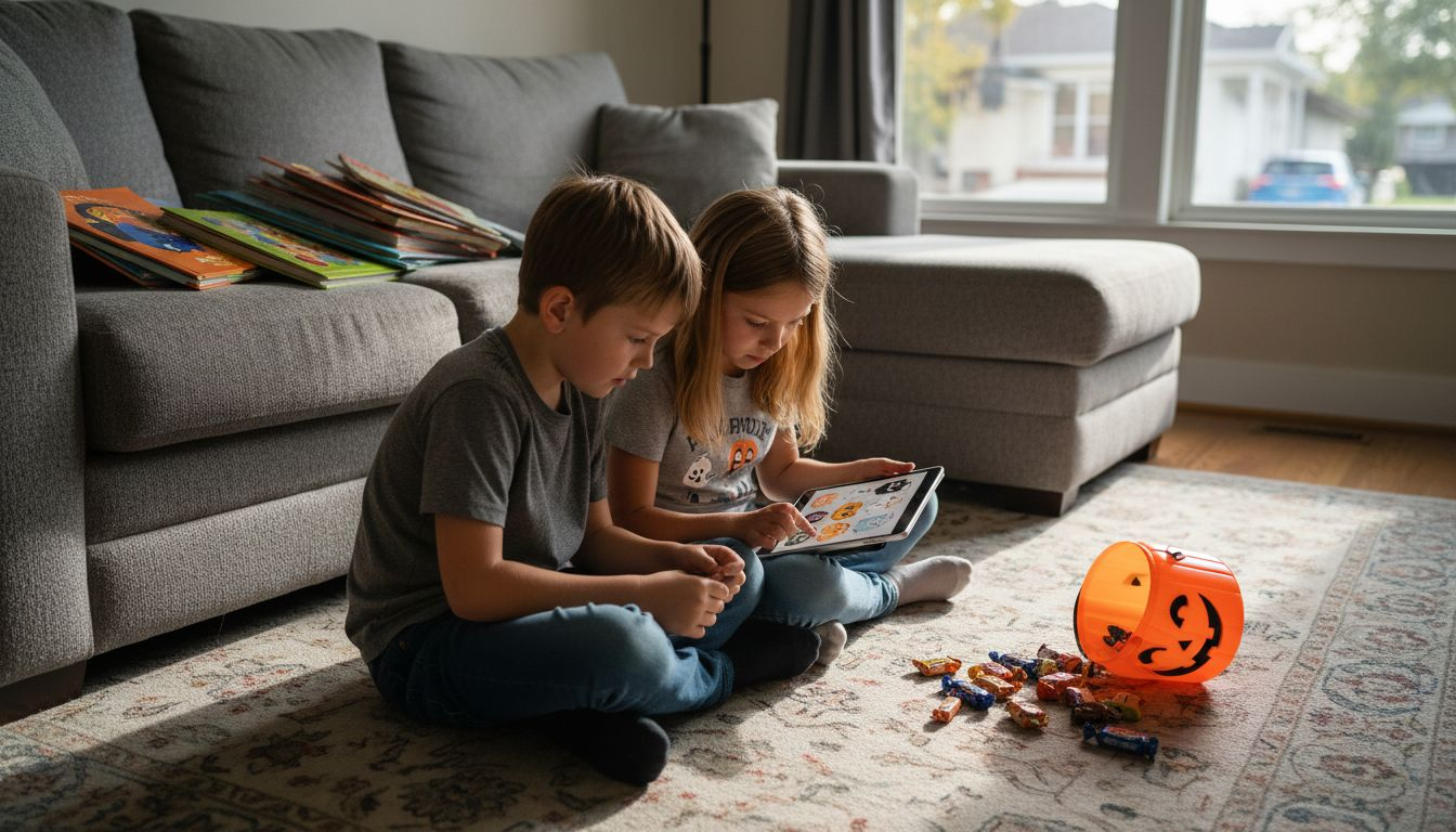 Kids shopping Halloween shirts on tablet