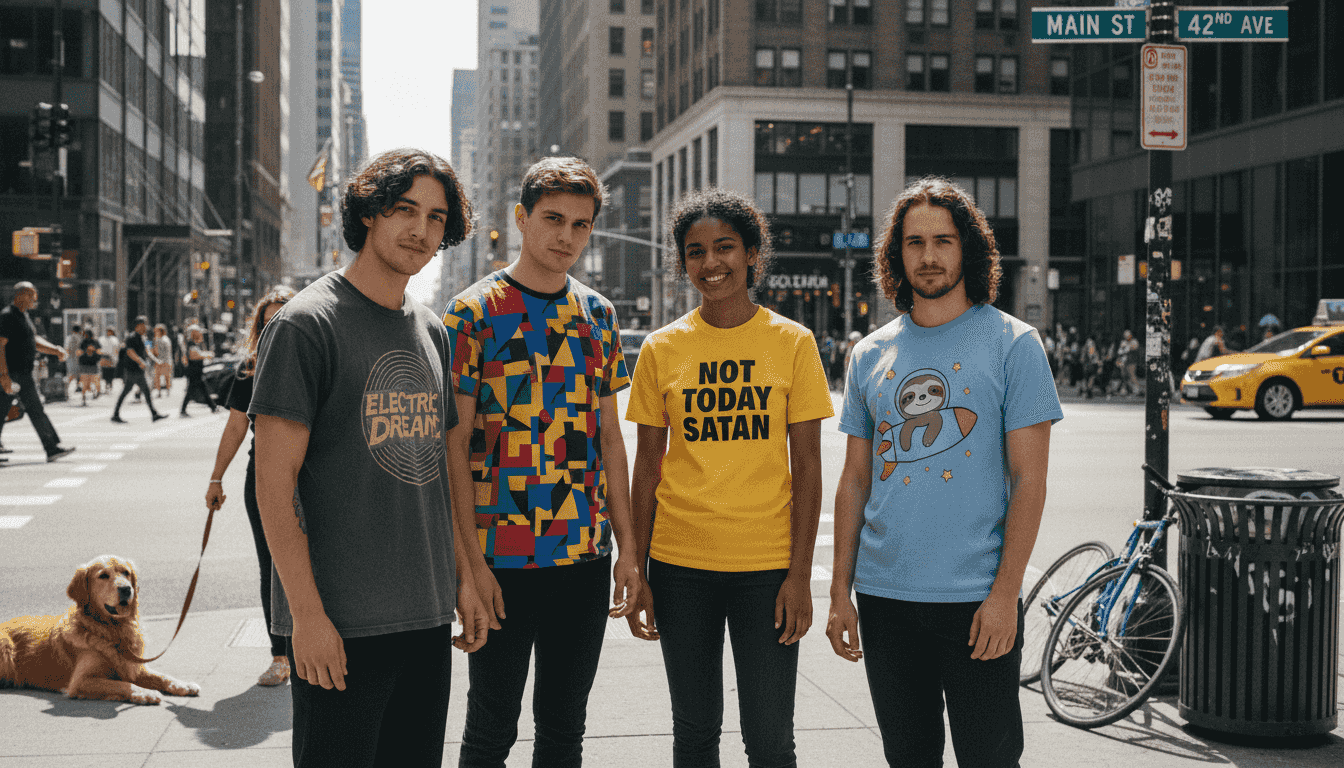 Group of young adults in diverse graphic tees