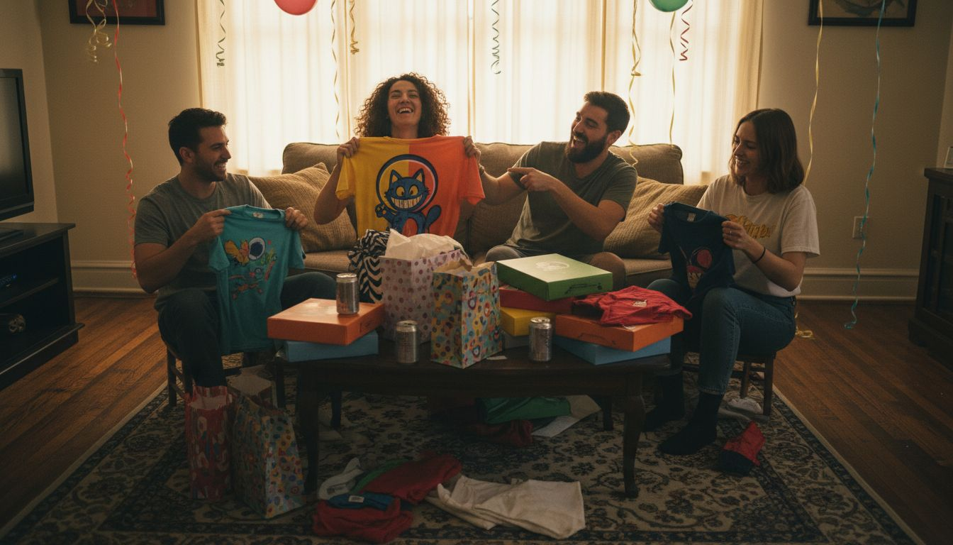 Friends exchanging graphic t-shirt gifts