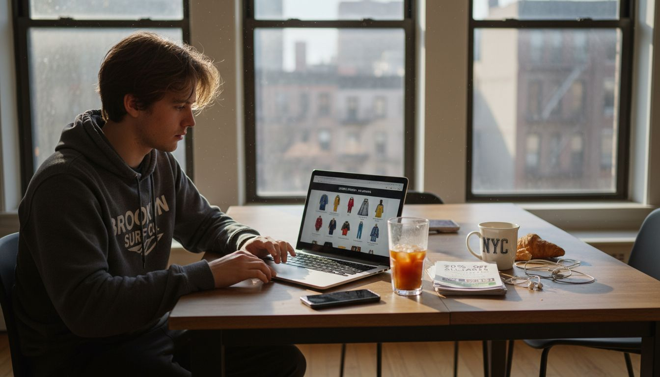 Young adult shopping for trendy graphic apparel