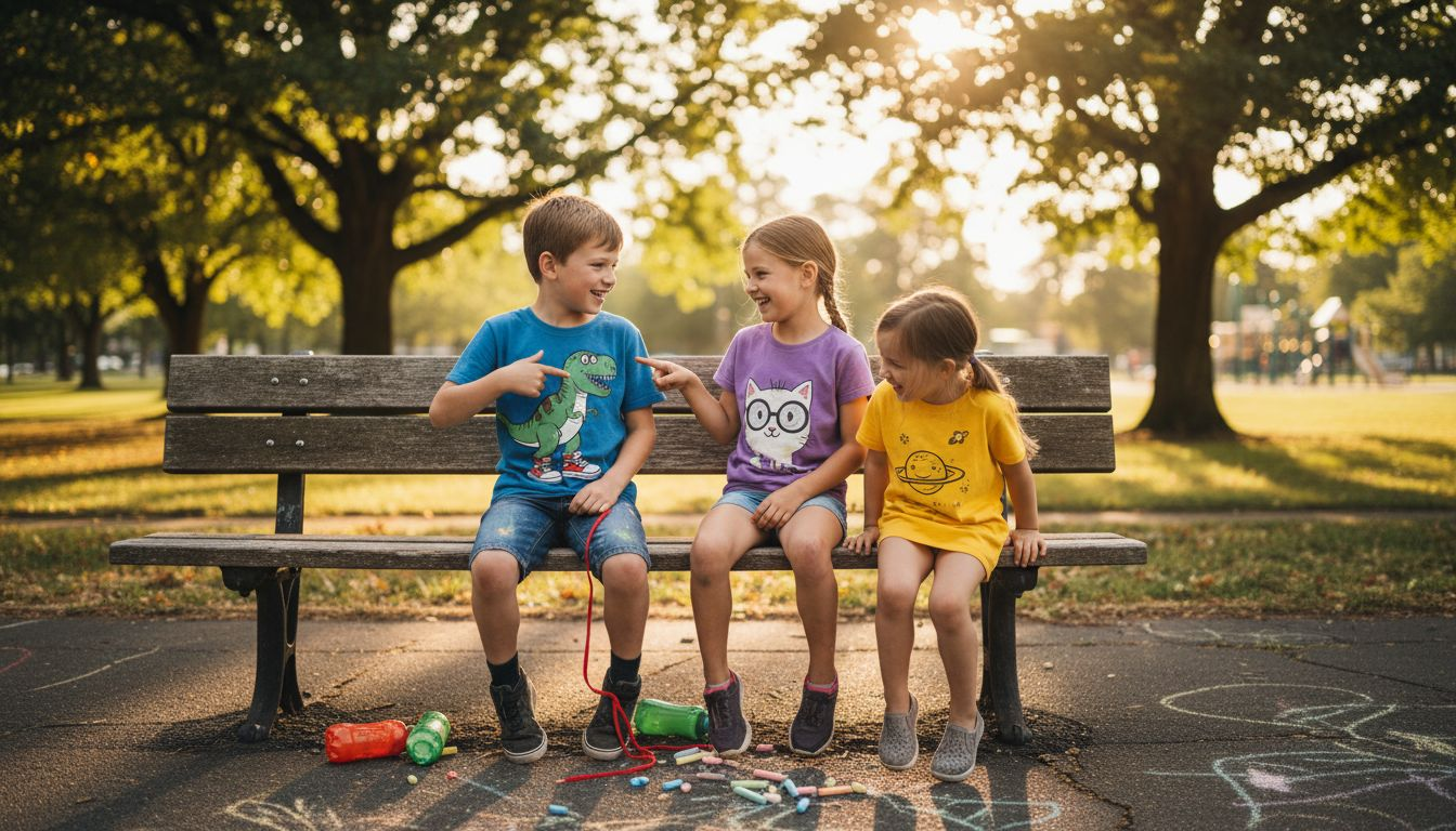 Children laughing in playful graphic tees at park
