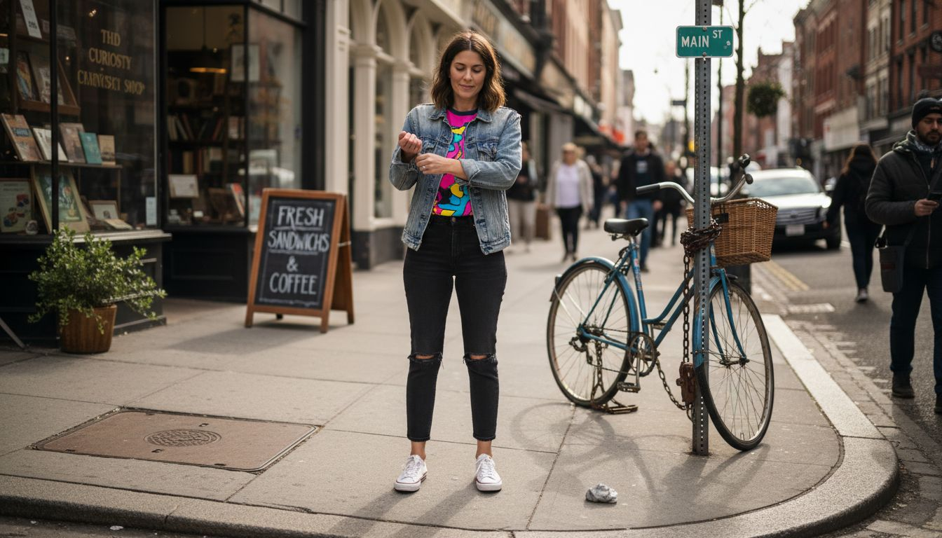 Woman styling graphic tee on city sidewalk