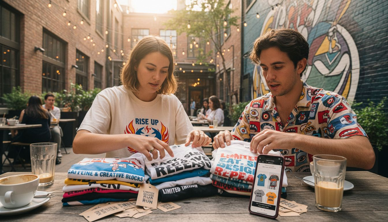 Pair sorting through unique graphic tees