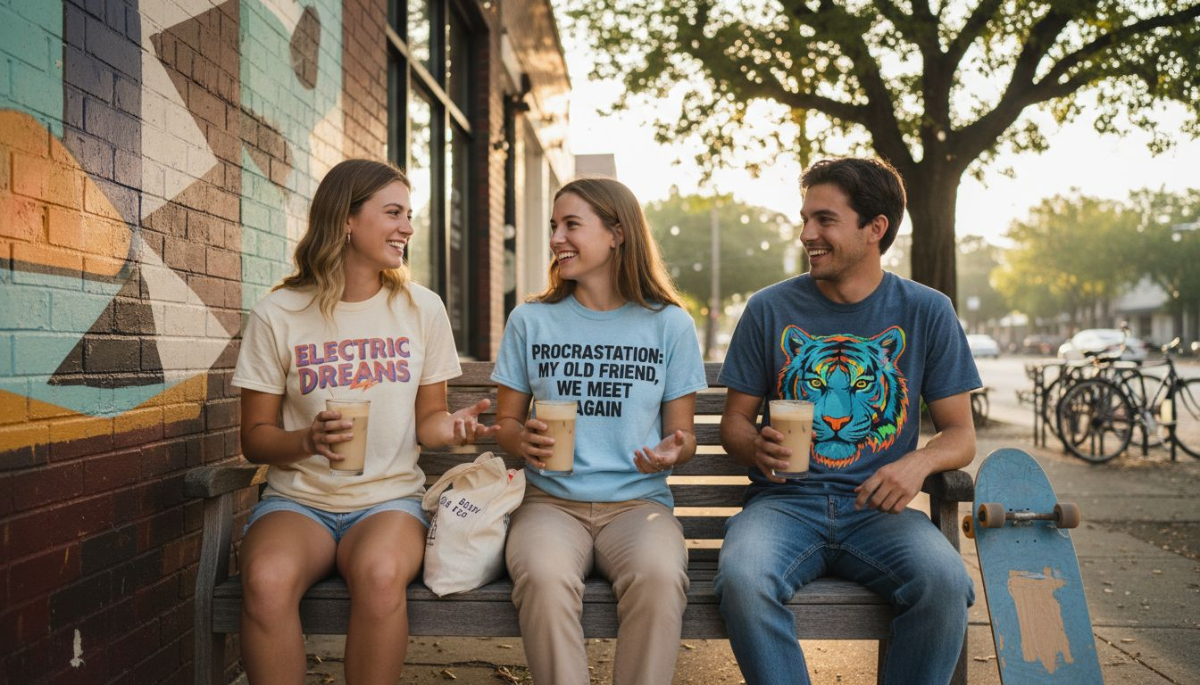 Group wearing trendy graphic shirts outside coffee shop