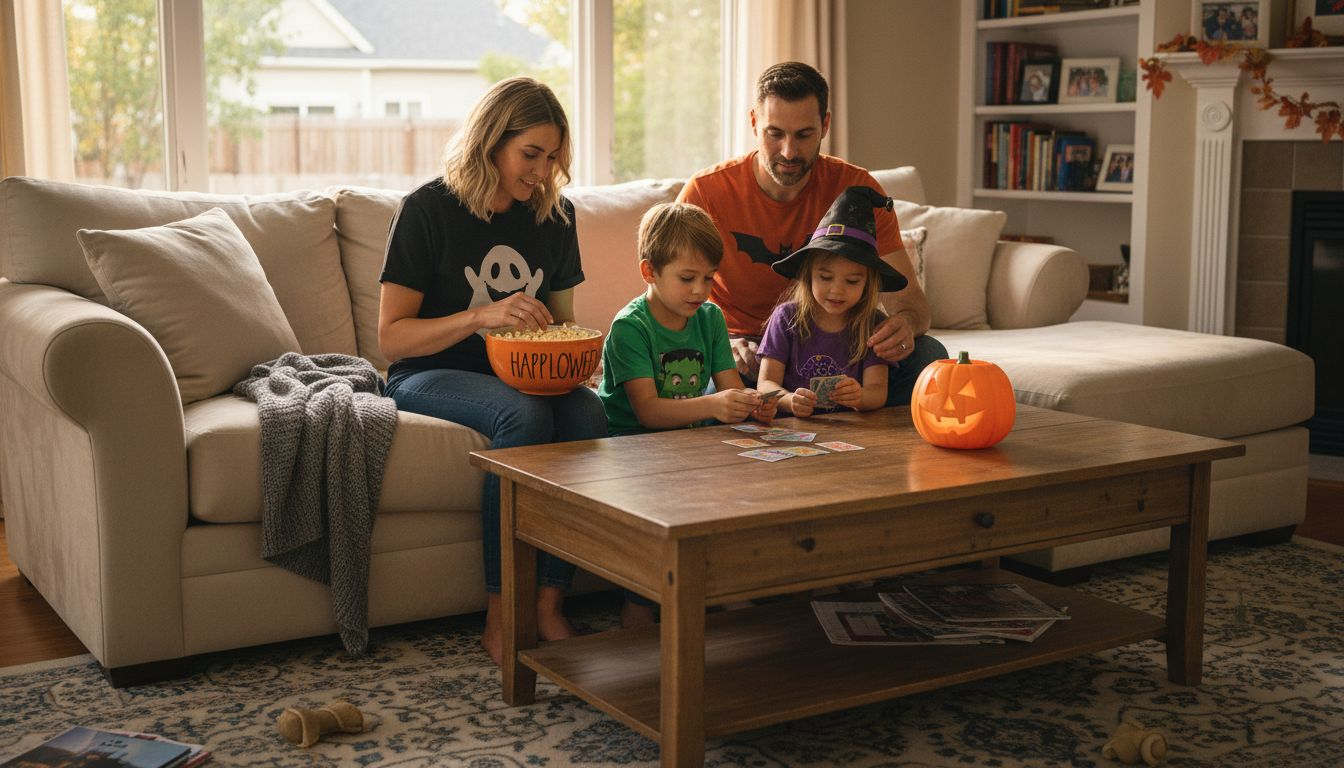 Family relaxing in Halloween tees