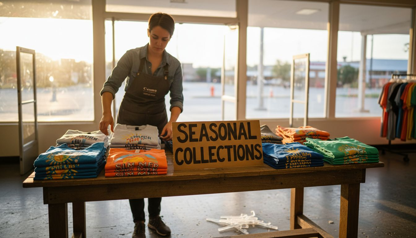 Worker arranging themed t-shirts on display table