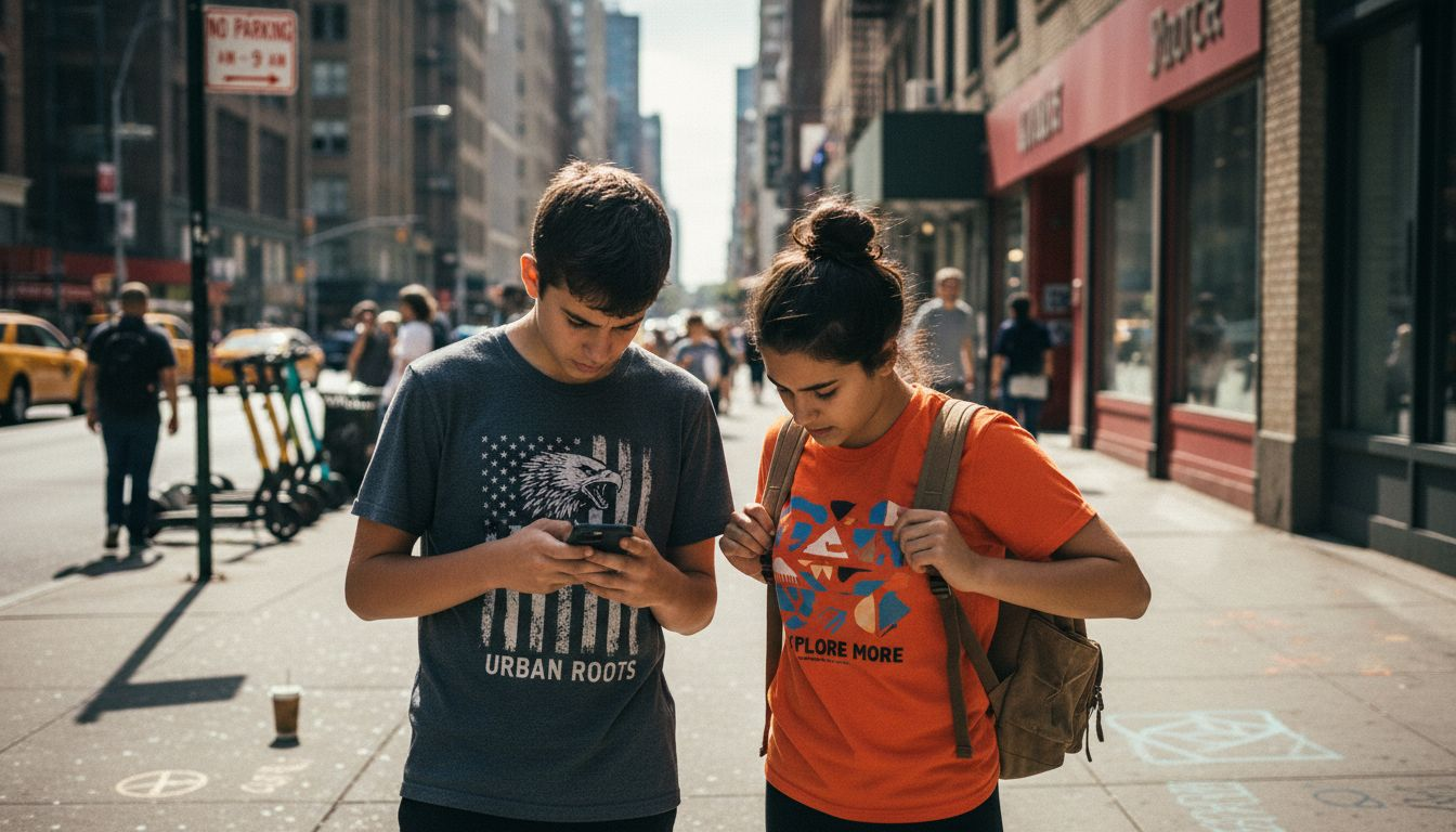 Teens in graphic tees on city sidewalk