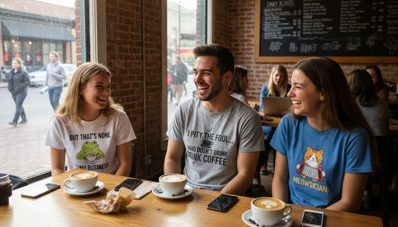 Young adults wearing funny graphic shirts socializing