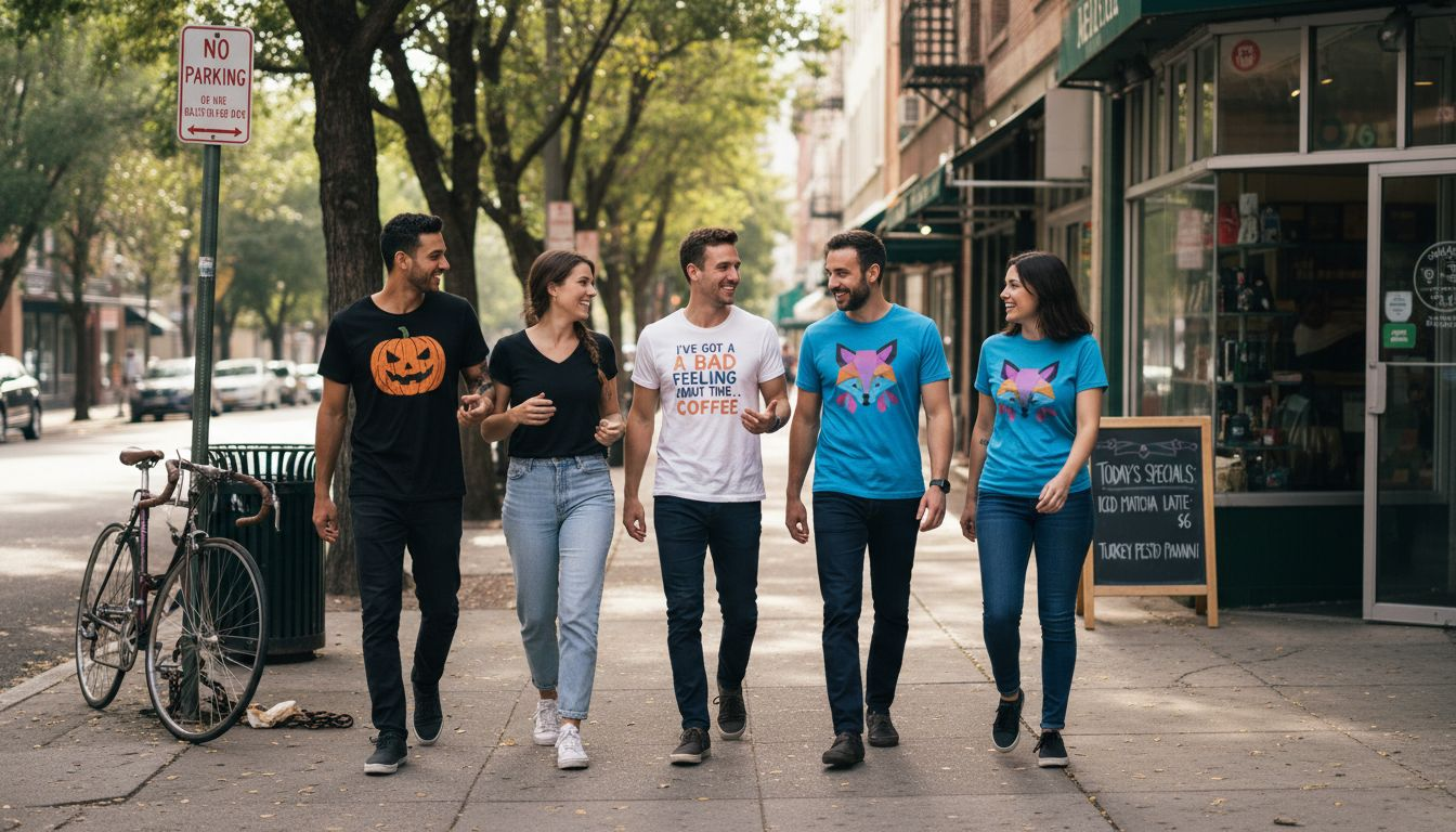 Group in themed shirts on city sidewalk