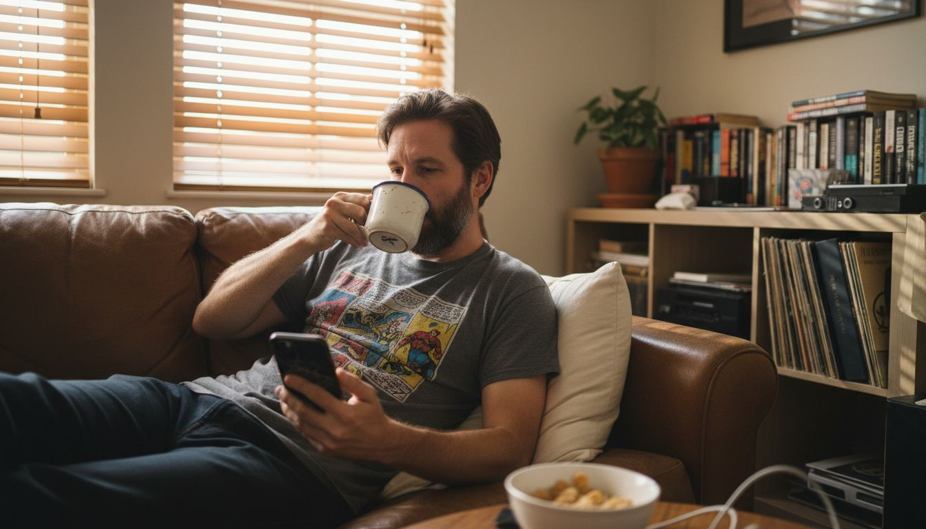 Man relaxing on sofa in graphic tee