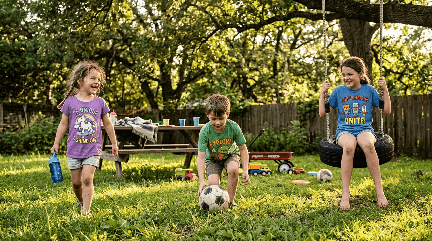 Children wearing playful graphic tees outdoors