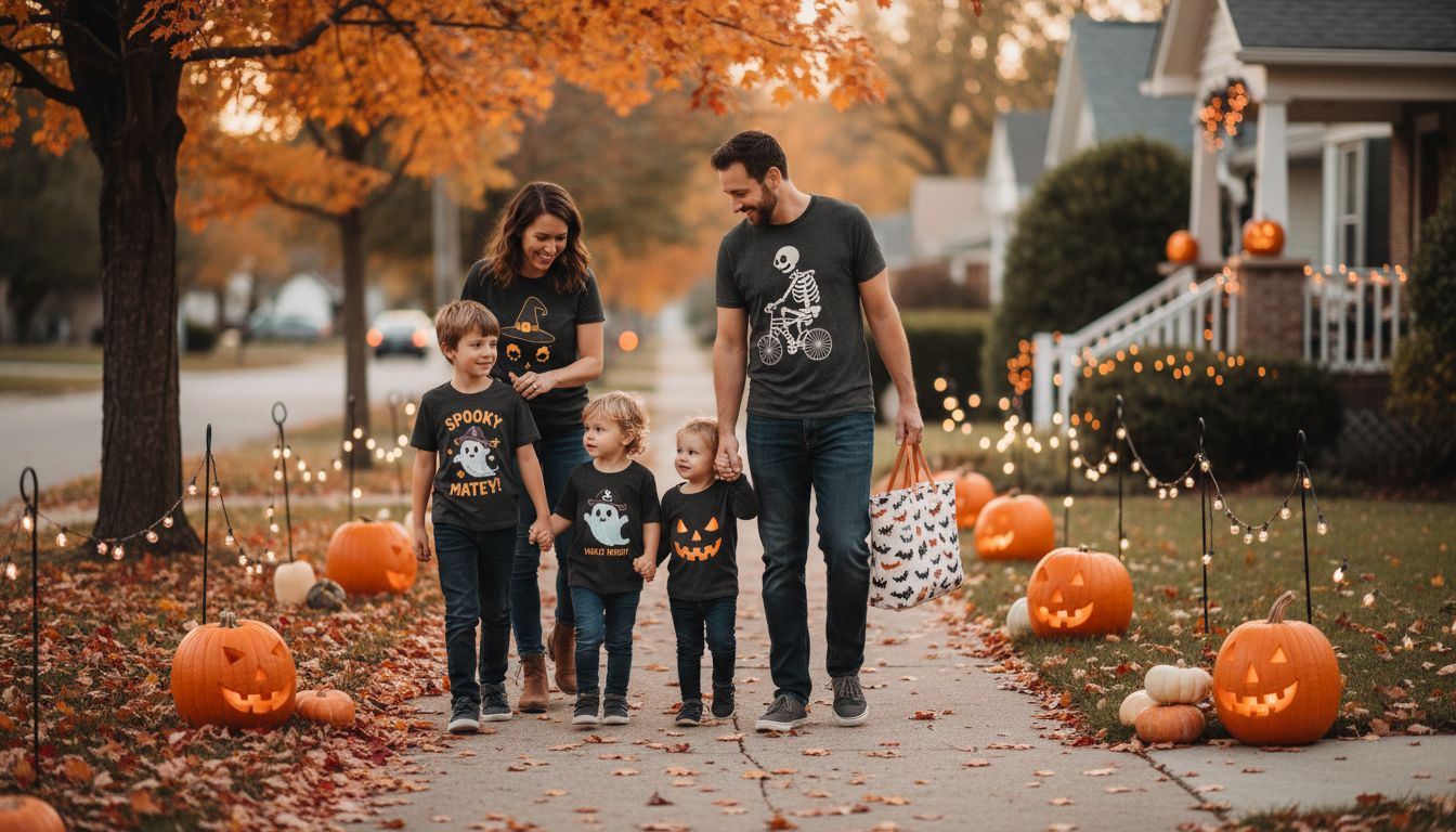 Family enjoying Halloween shirts on neighborhood walk
