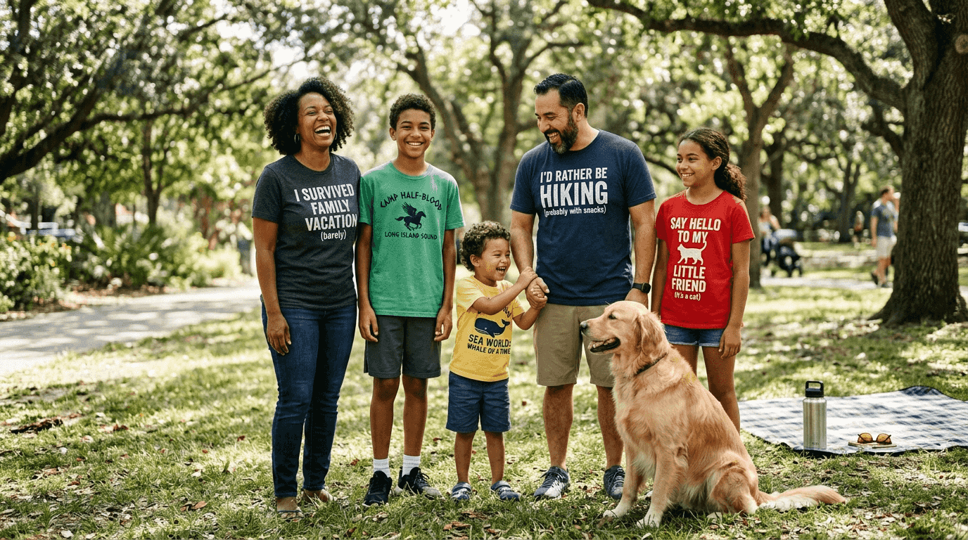 Family in park wearing graphic tees