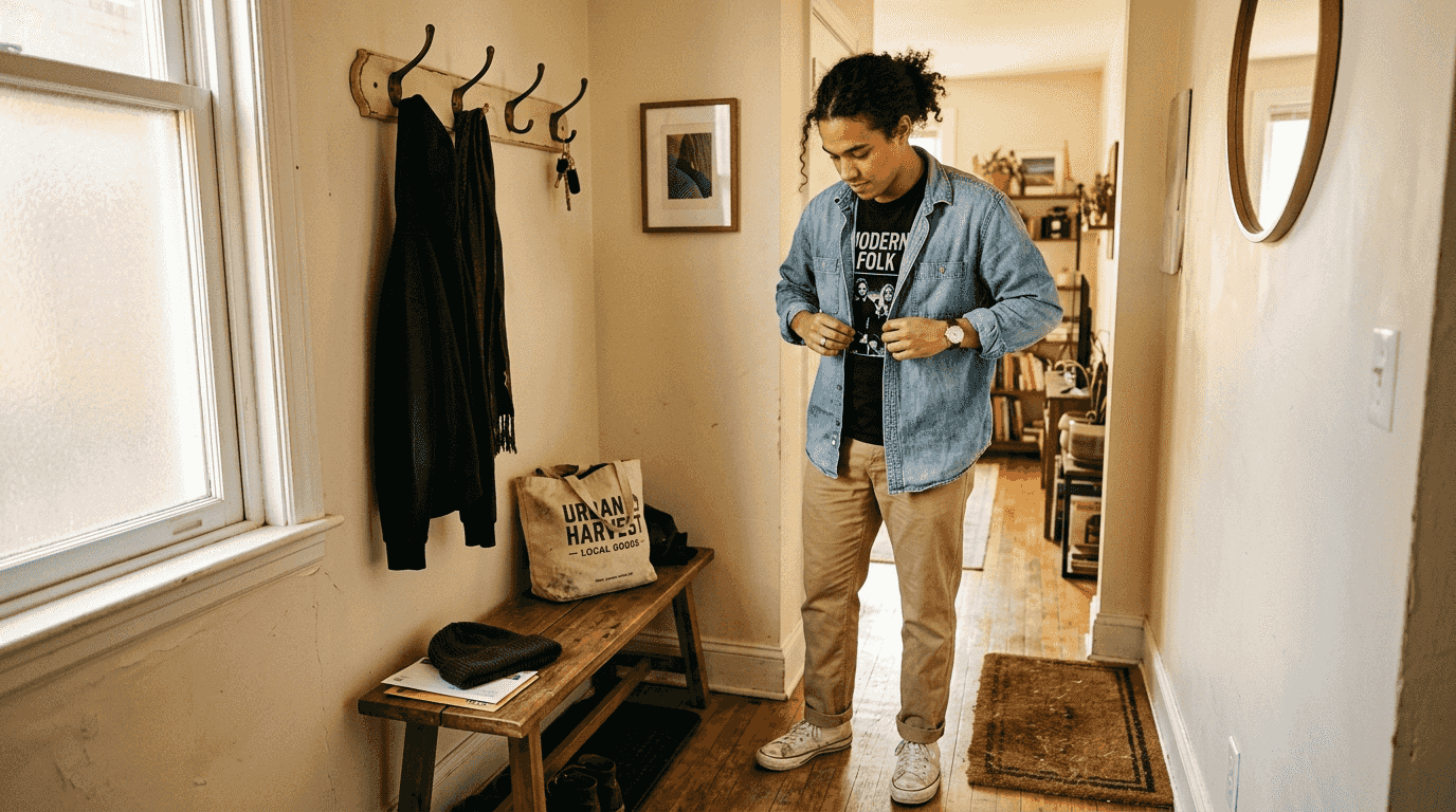 Person layering graphic tee with denim shirt