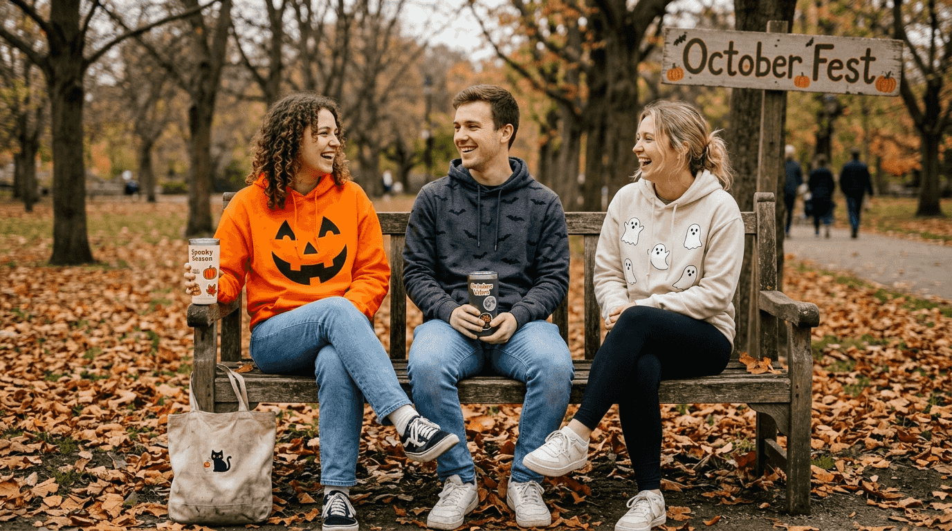 Friends wearing various Halloween hoodies at park
