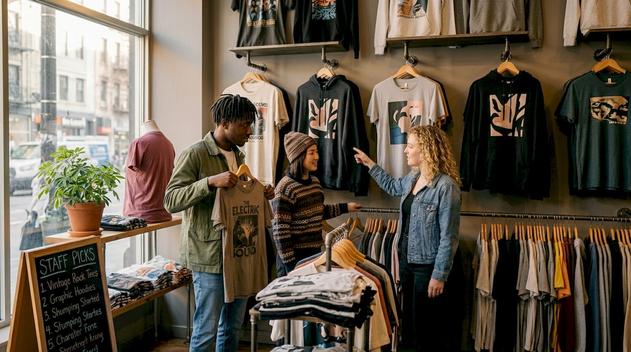 Young adults browsing graphic apparel in boutique
