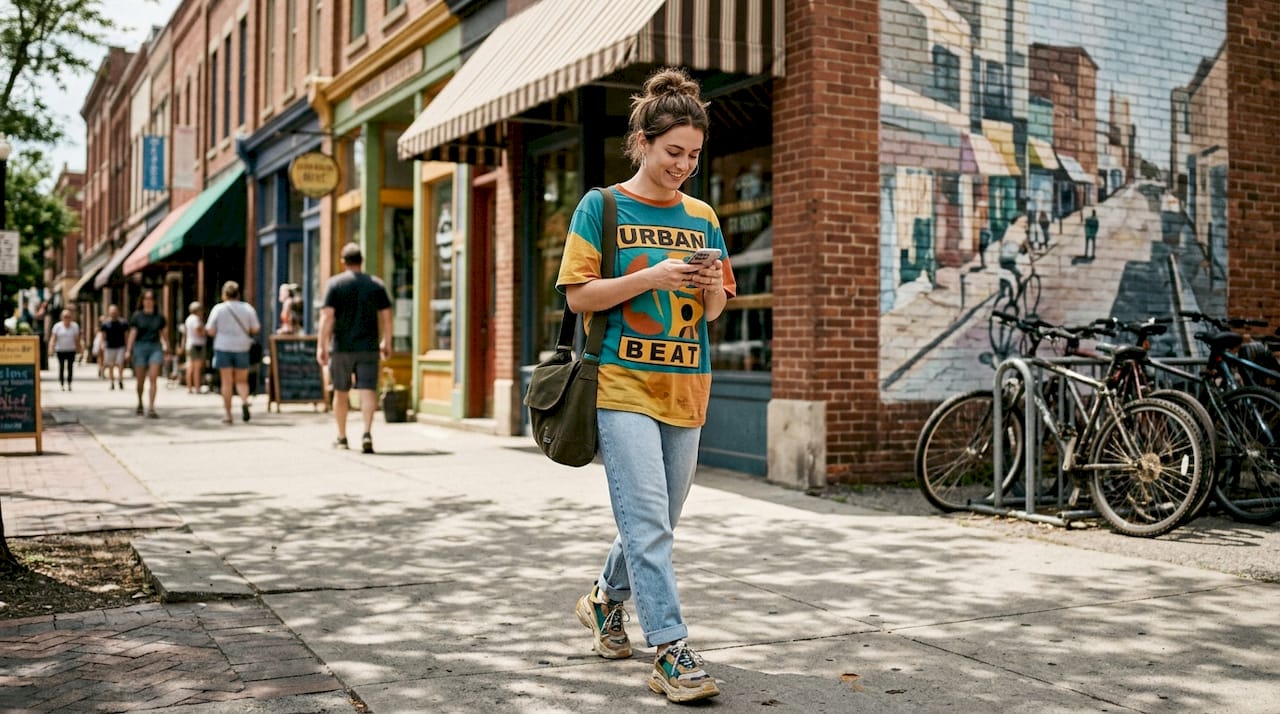Young woman in graphic tee city street