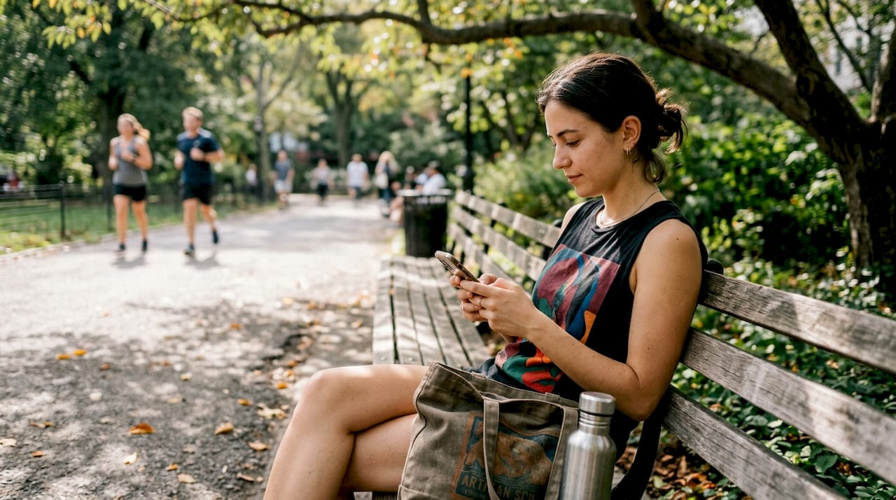 Woman wearing graphic tank top in city park