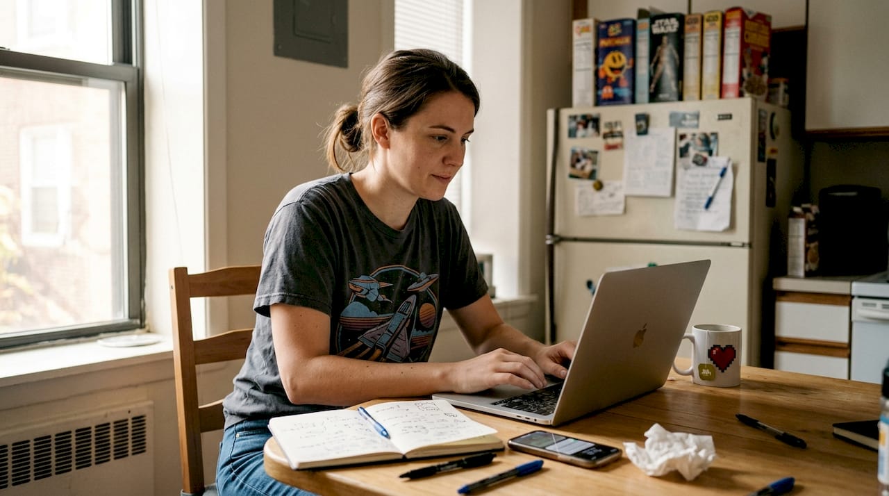 Woman wearing nerdy graphic tee at kitchen table