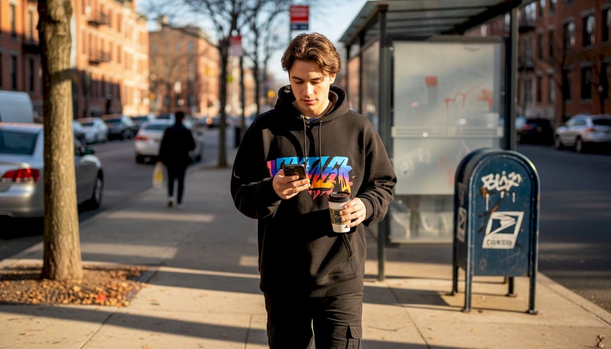 Young adult in city wearing graphic hoodie