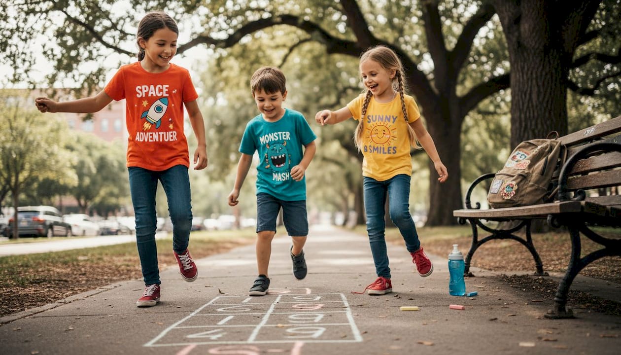 Kids wearing graphic tees playing outdoors
