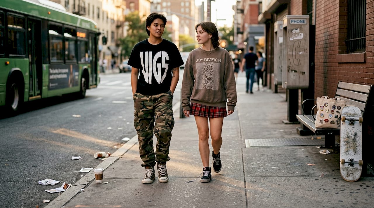 Young adults in mixed graphic apparel on sidewalk