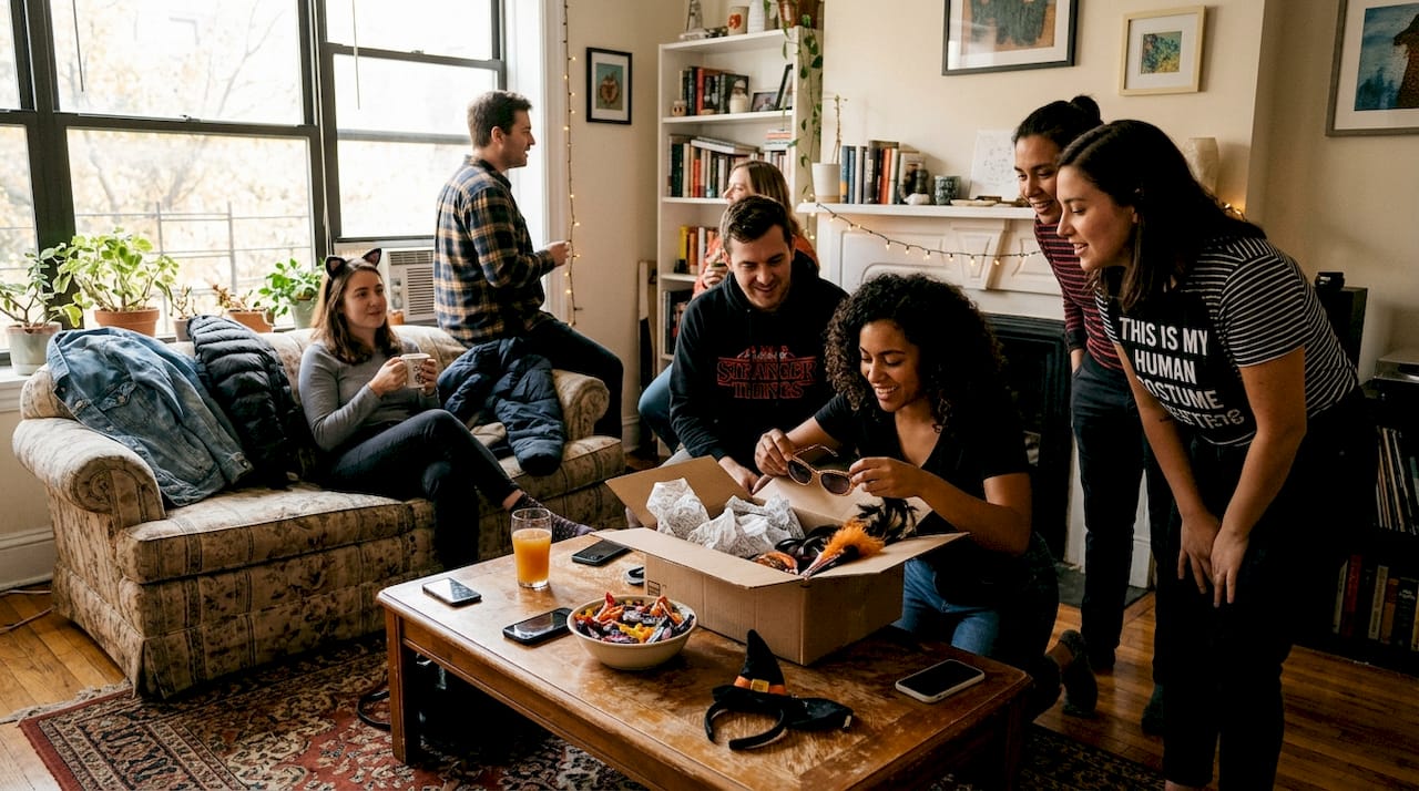 Adults in creative Halloween outfits living room