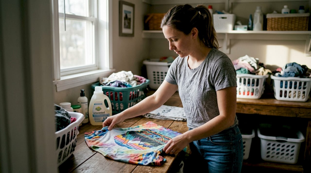 Person folding graphic tee in laundry room