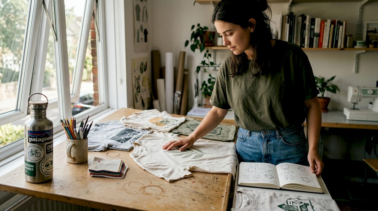 Designer reviews sustainable graphic tees in studio