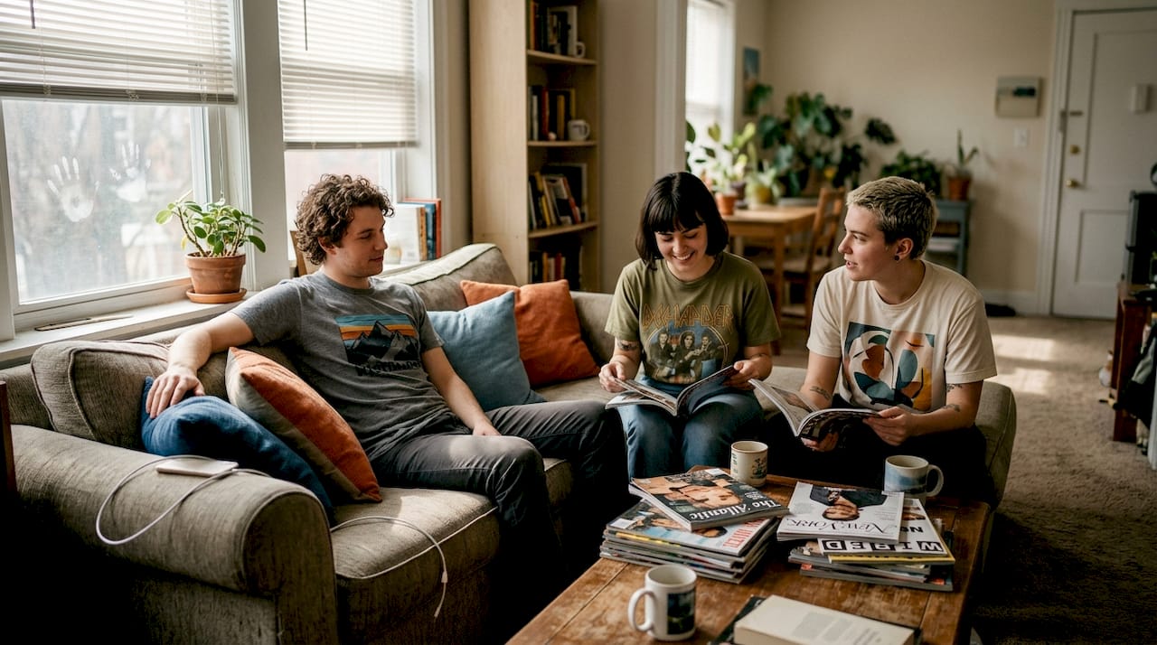 Friends wearing unisex graphic tees talking in apartment