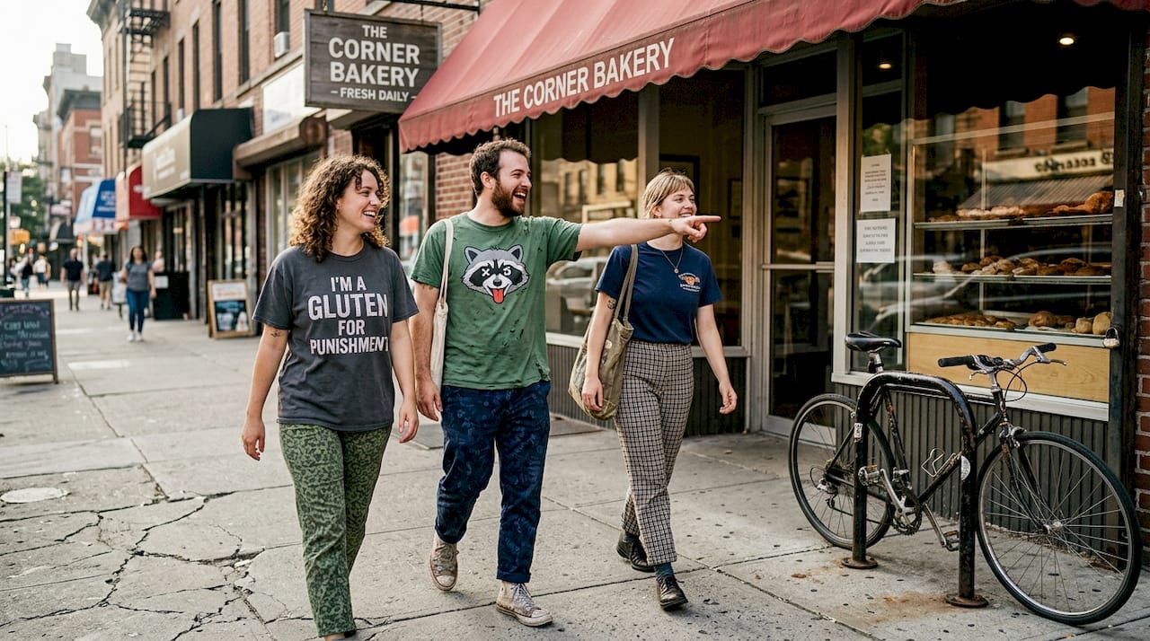 Friends wear funny graphic street style