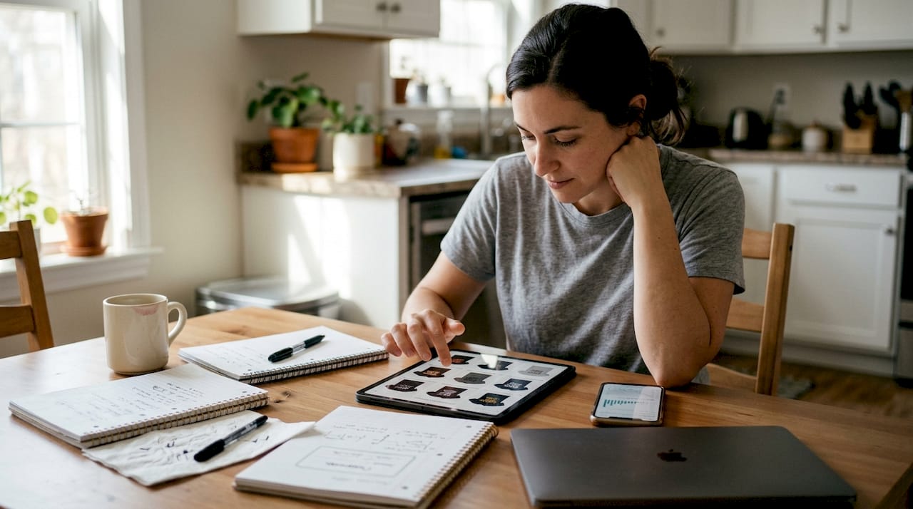 Woman researching best-selling t-shirt designs at kitchen table