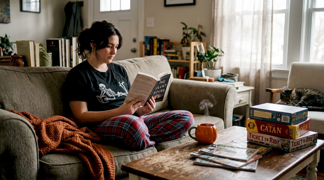 Woman wearing spooky tee reading on sofa