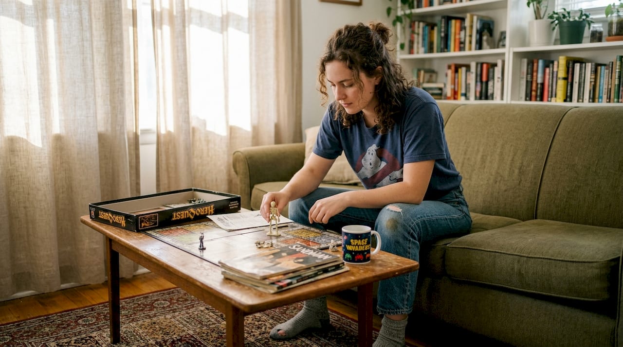 Person wearing nerdy tee in living room