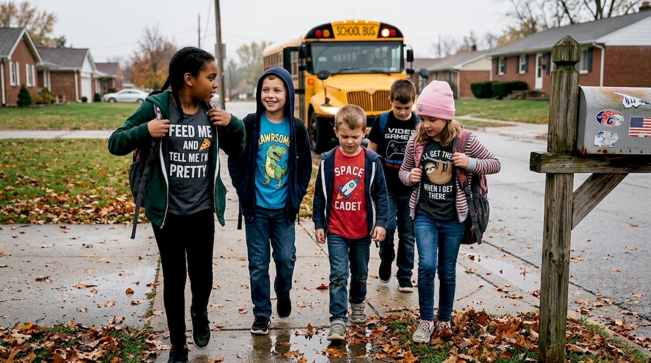 Children in funny graphic tees walking to school