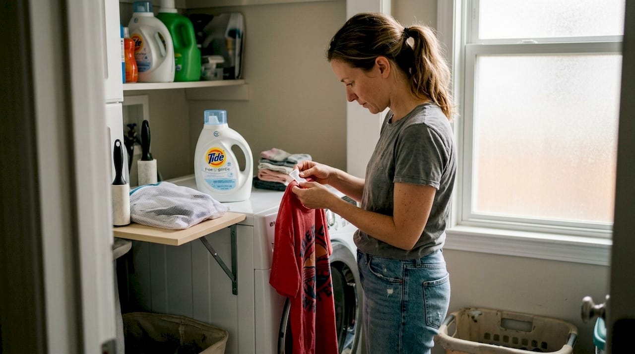 Woman checks care label on graphic tee