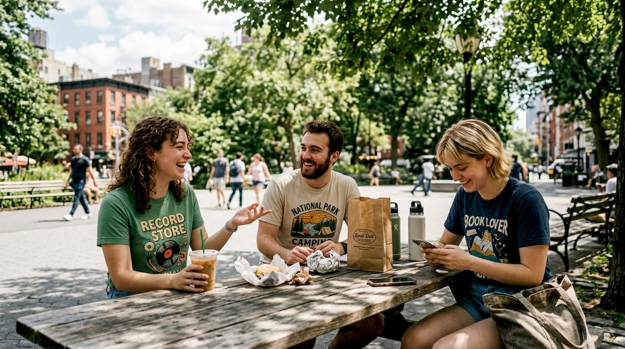 Young adults wearing novelty shirts in city park